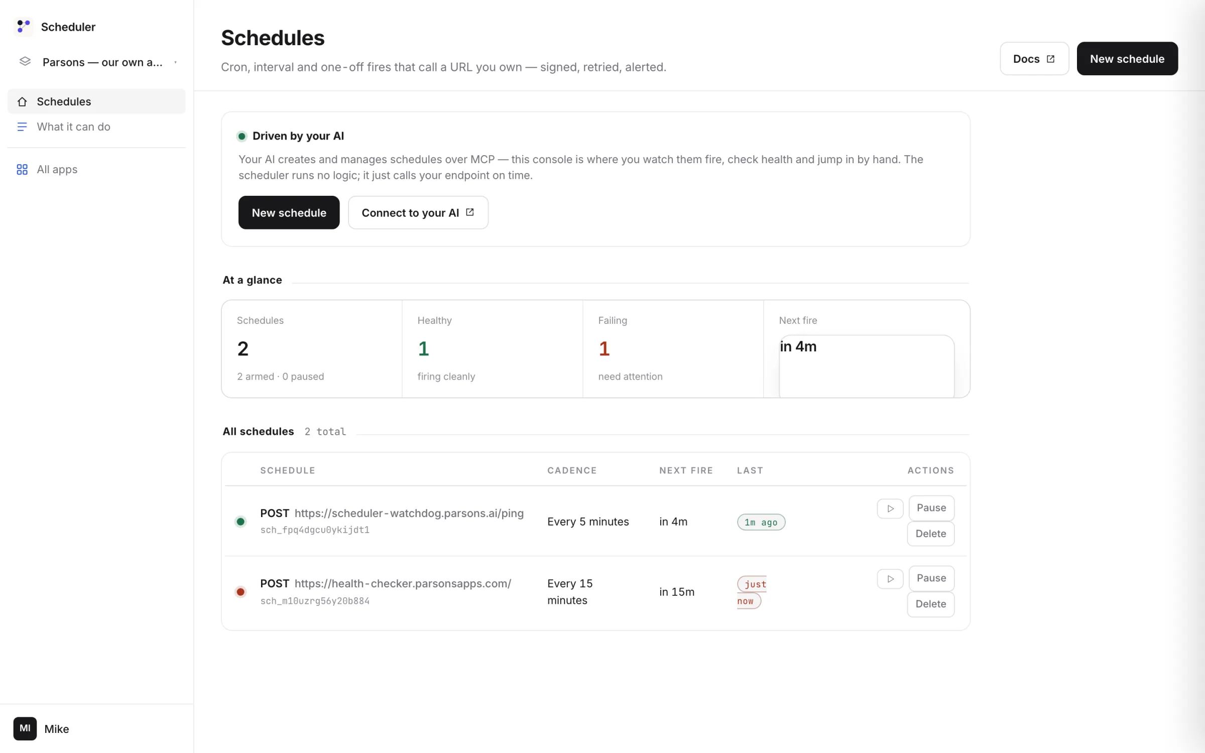 The Scheduler console: two schedules, every five and every fifteen minutes, one healthy and one failing, next fire in four minutes, the log.